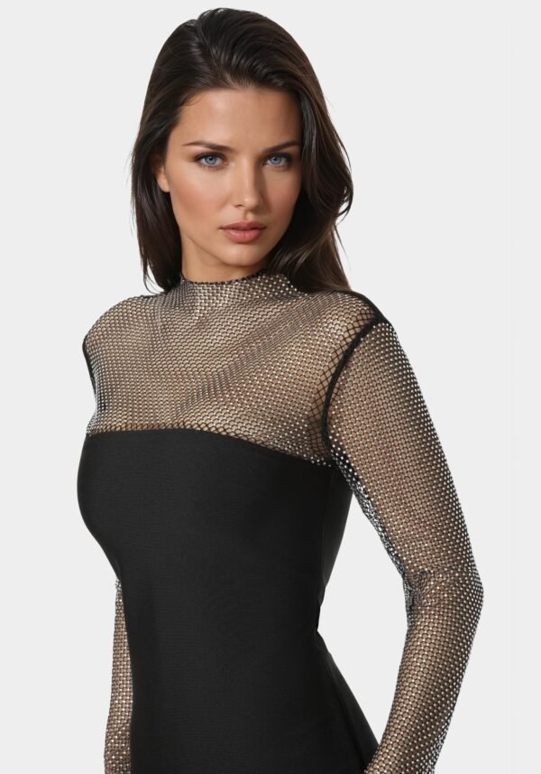 Long Sleeve Bandage Midi Dress with Crystal Mesh Combo