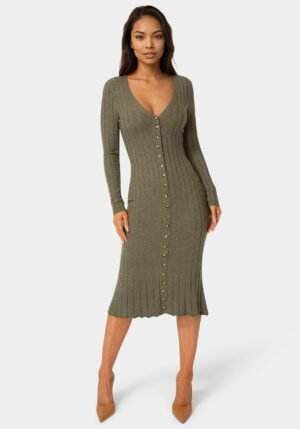 Button Front V-Neck Sweater Midi Dress