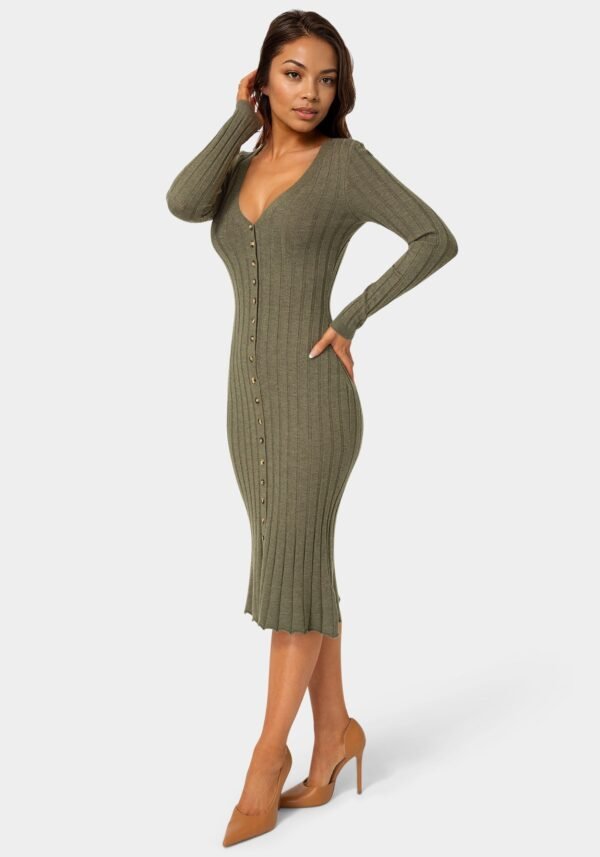 Button Front V-Neck Sweater Midi Dress