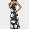 Printed Satin V-Neck Maxi Dress