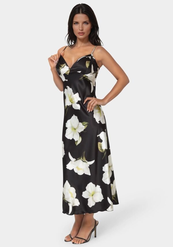 Printed Satin V-Neck Maxi Dress